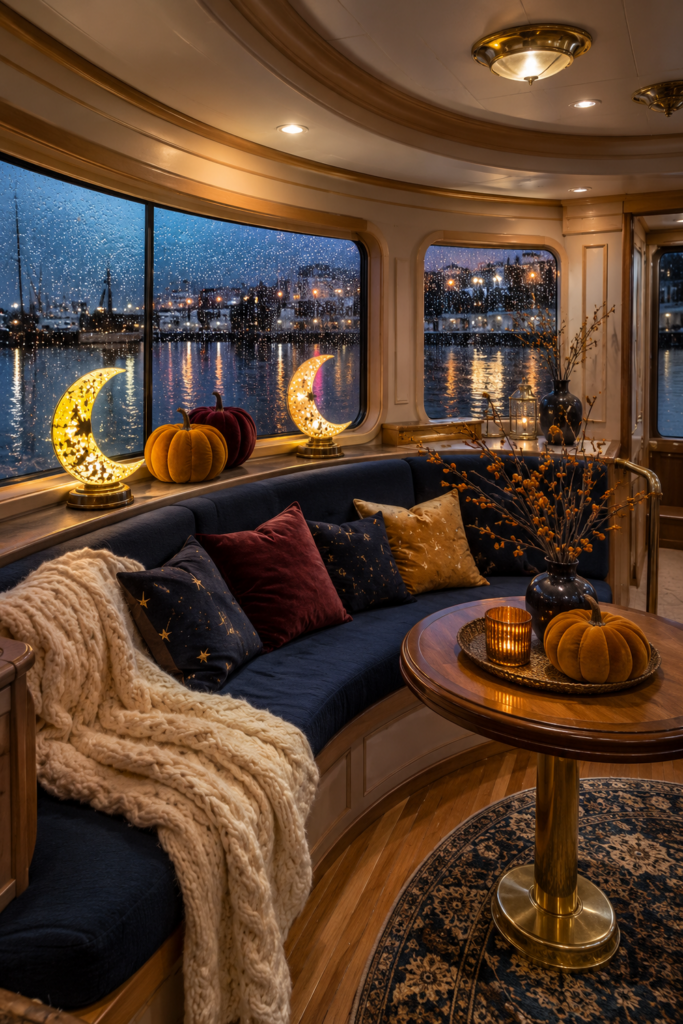 Rainy Celestial Fall Decor in a Houseboat Salon