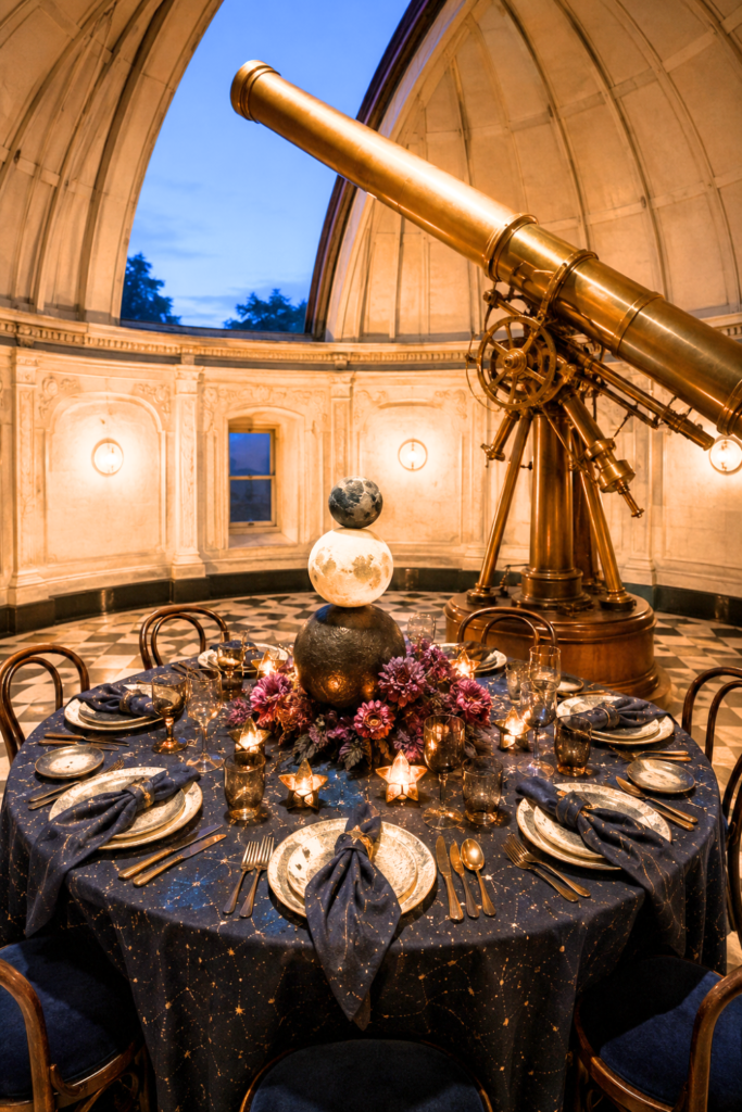 Celestial Halloween table inside historic observatory
