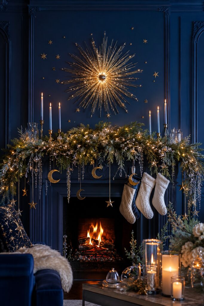 Dark Blue Drenched Celestial Christmas Mantel with Starry Branches