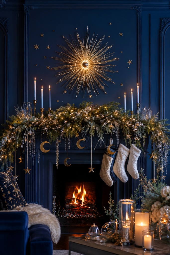 Dark Blue Drenched Celestial Christmas Mantel with Starry Branches