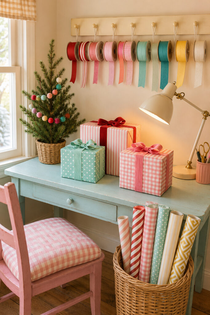 Pastel Christmas gift wrapping corner with mint desk ribbon storage small tree and patterned paper