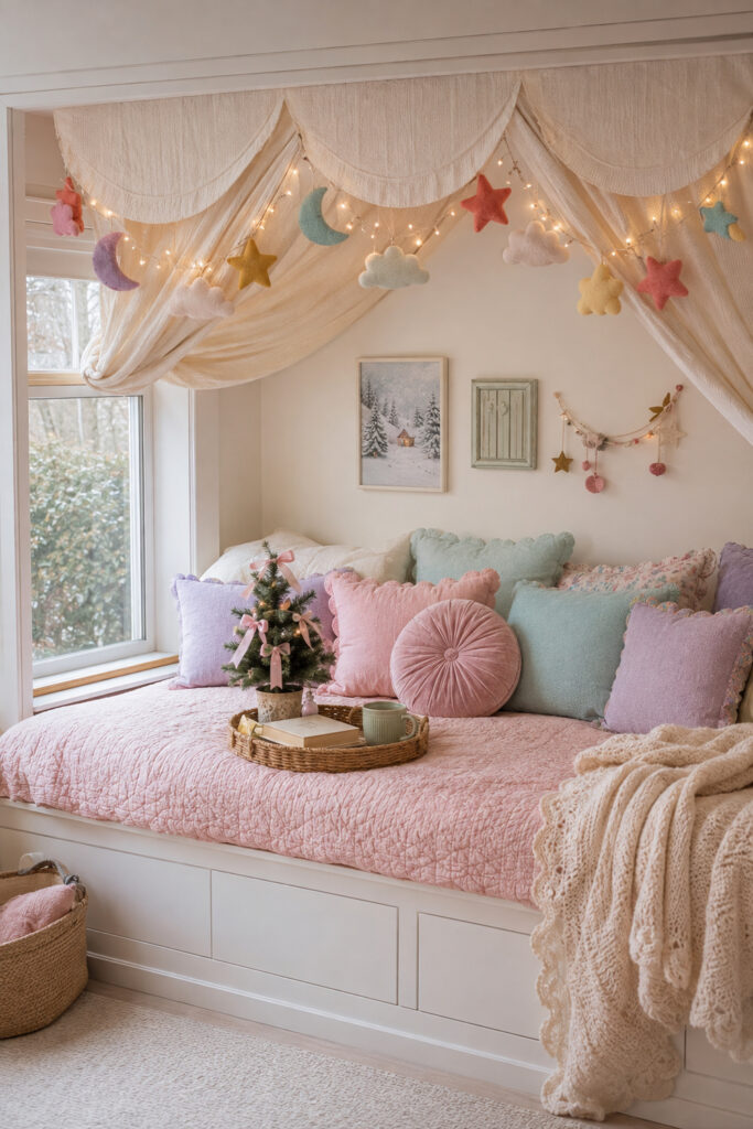 cozy Christmas daybed beneath a soft scalloped canopy decorated with felt moons stars clouds and warm fairy lights