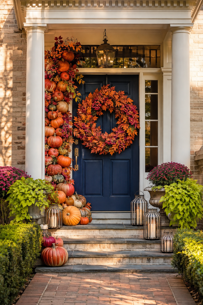 cobalt front door framed by cascading pumpkins autumn foliage mums and porch lanterns