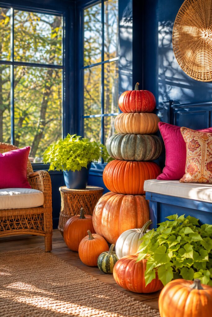 Cobalt Blue Sunroom with Stacked Fall Pumpkins