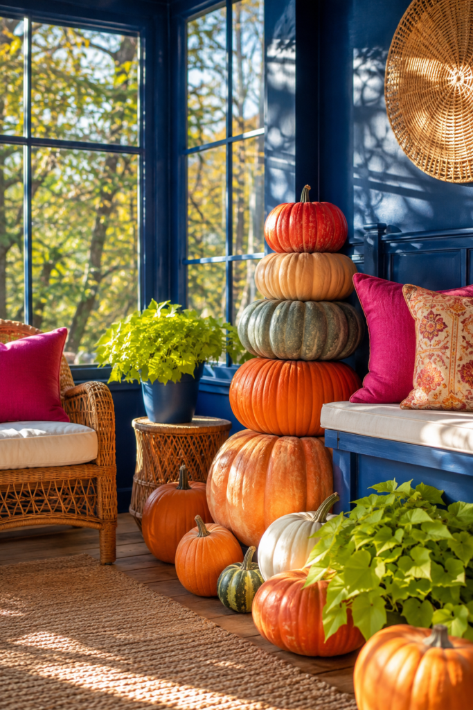Cobalt Blue Sunroom with Stacked Fall Pumpkins
