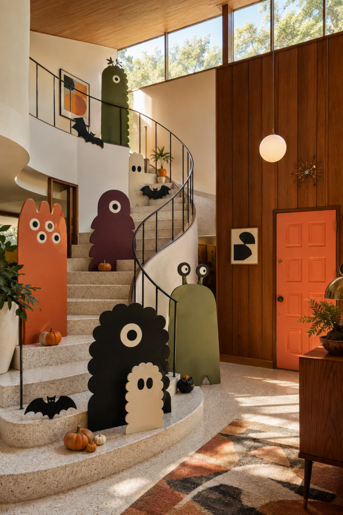 Color-Block Monster Parade in a Spiral-Stair Foyer