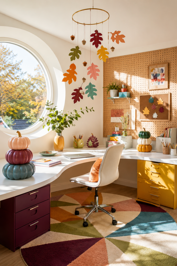 colorful modern home office decor for fall with paper leaves and pumpkins