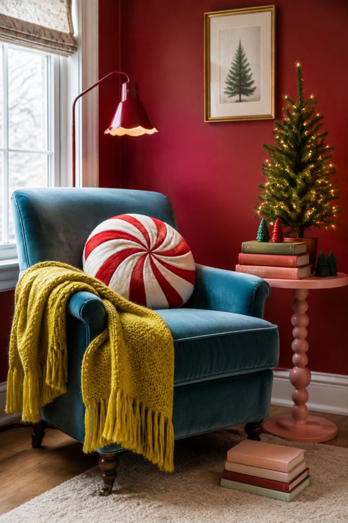 peppermint Christmas reading nook with teal velvet chair yellow throw coral table and lighted tree