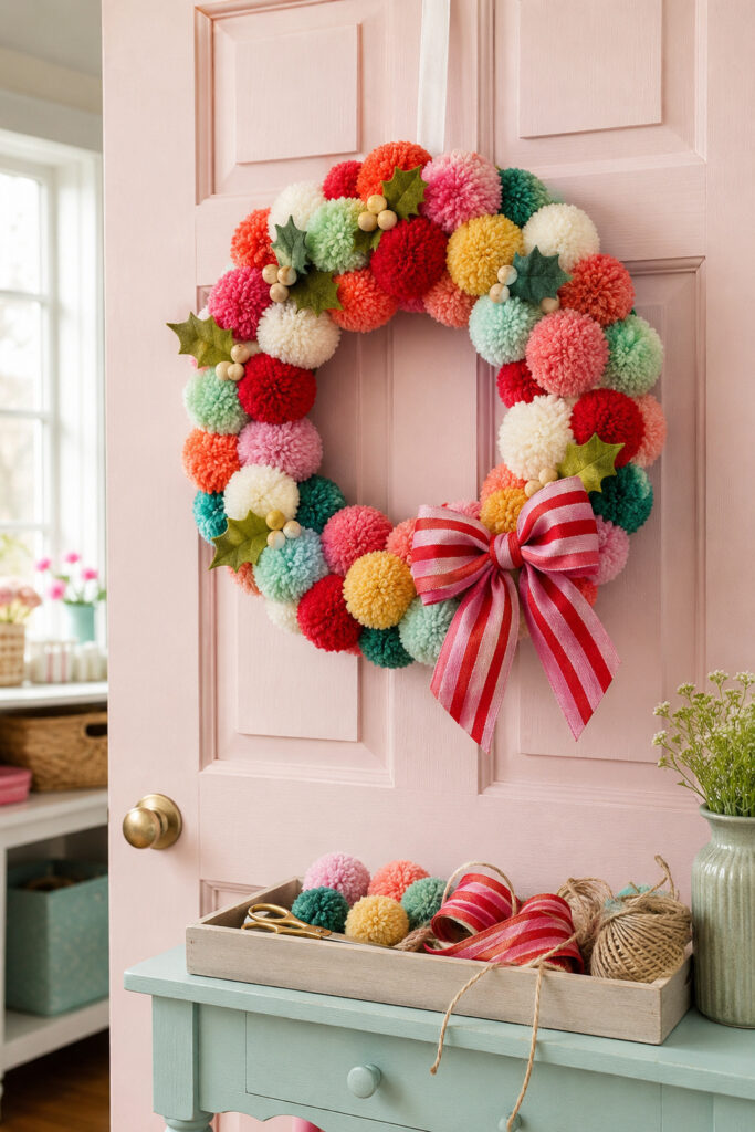 Colorful Pom-Pom Christmas Wreath with candy striped bow