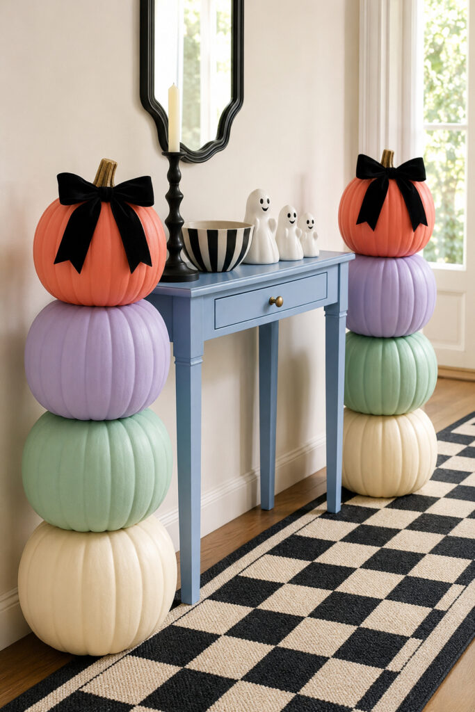 tall colorful pastel pumpkin Halloween topiaries with black ribbon next to entry table