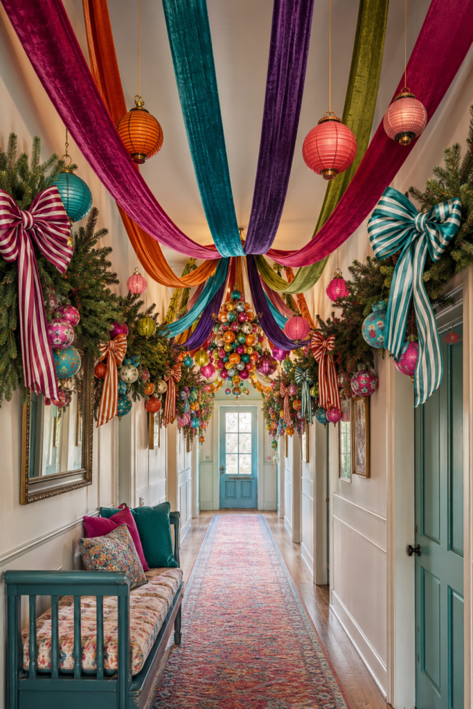 Colorful Ribbon Canopy Christmas Hallway