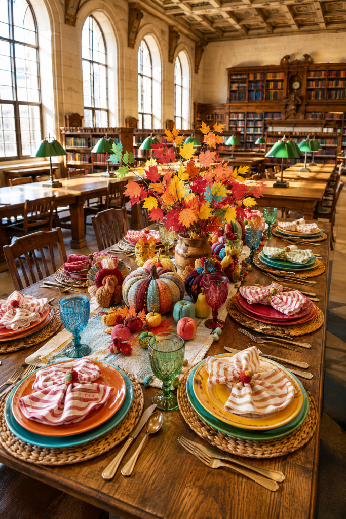 colorful Thanksgiving table set in a library