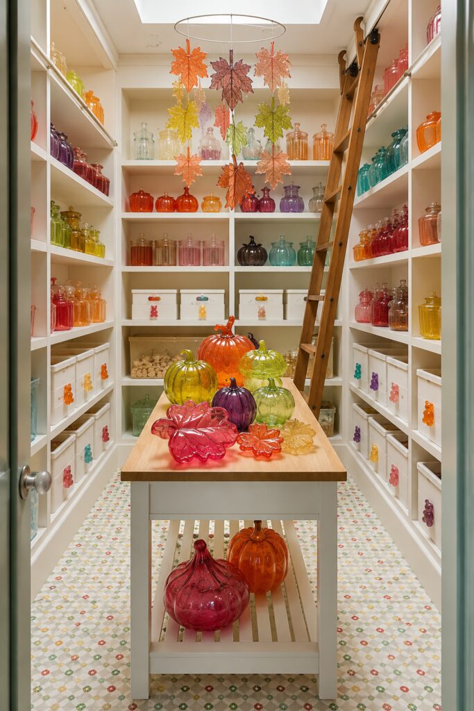 Colorful pantry with translucent fall colored glass pumpkins and leaves