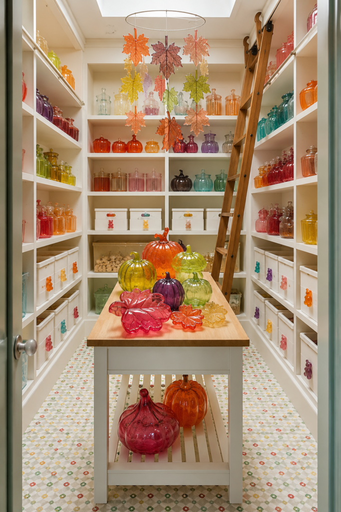 Colorful pantry with translucent fall colored glass pumpkins and leaves