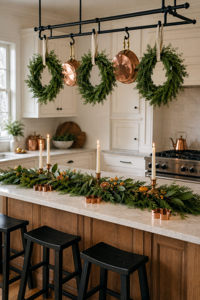 copper pans and cedar wreaths above a Christmas kitchen island with candlelit greenery