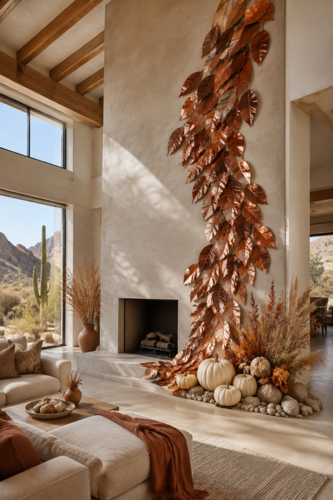 Copper Leaf Cascade on Tall Modern Fireplace Wall