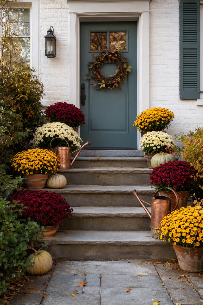 Copper Watering Cans and Mums on Porch Steps