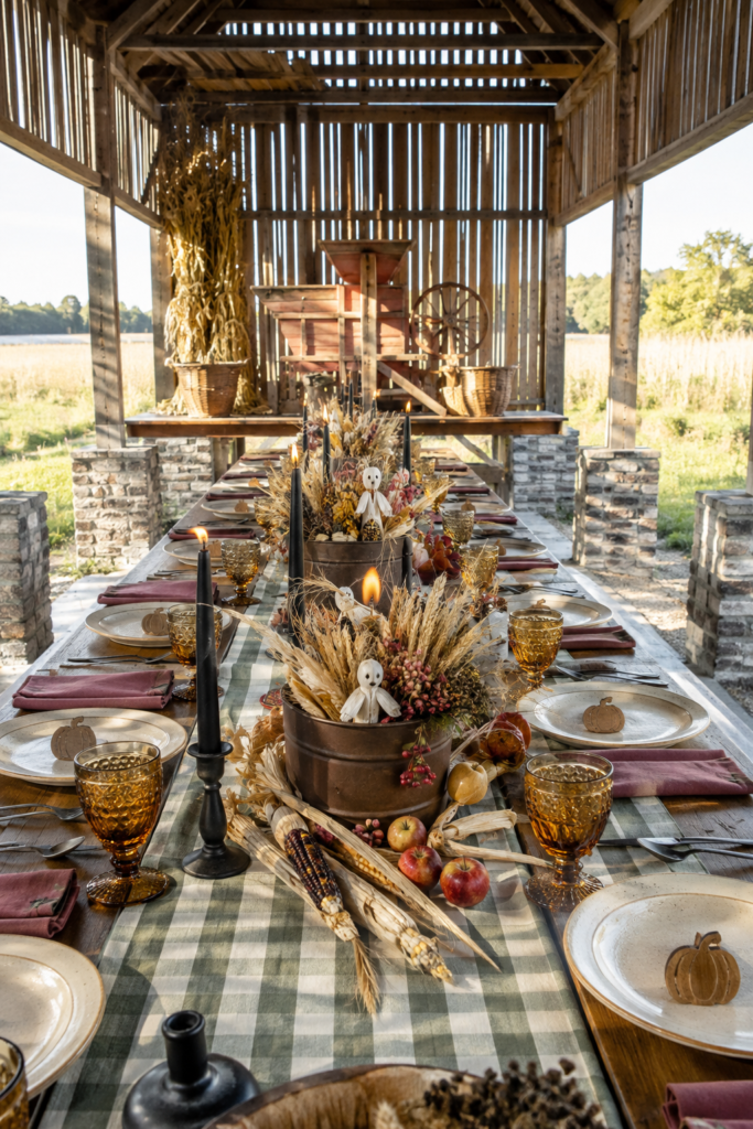 Halloween harvest table inside an open-sided corncrib pavilion with cream stoneware