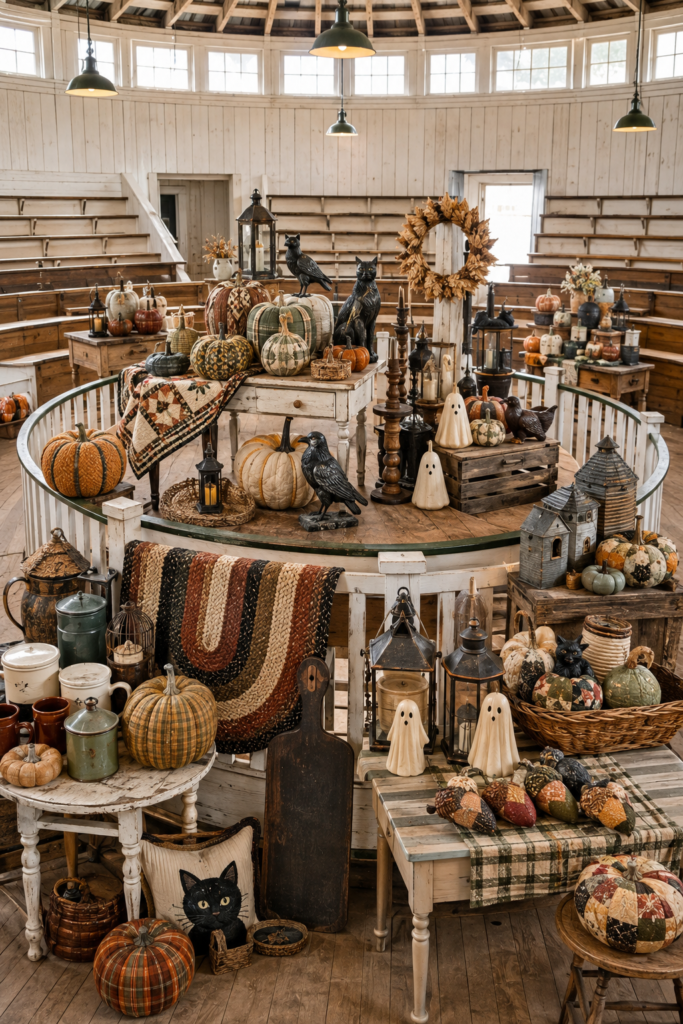 Country auction barn displaying farmhouse Halloween finds including quilted pumpkins
