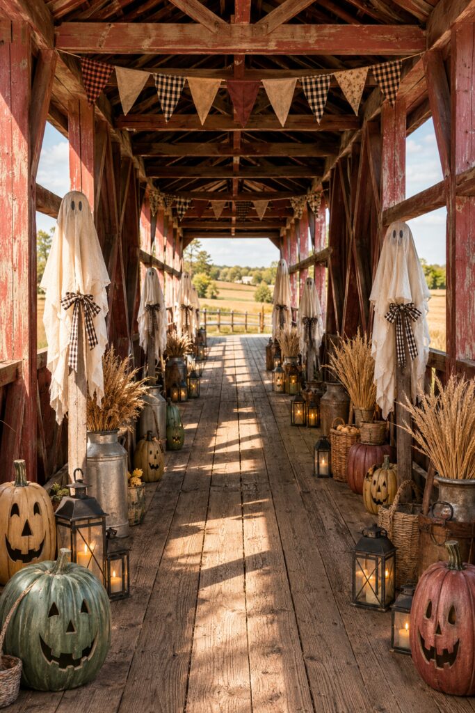 Historic covered bridge decorated for Halloween with cream ghosts
