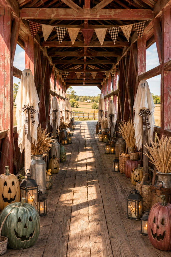 Historic covered bridge decorated for Halloween with cream ghosts