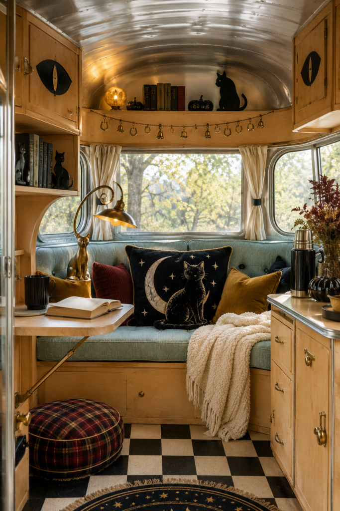 Cozy black cat Halloween decor in vintage caravan