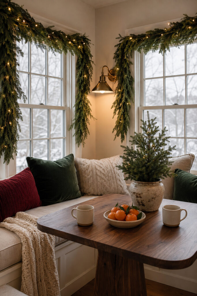 Christmas Breakfast Nook with a Window Garland