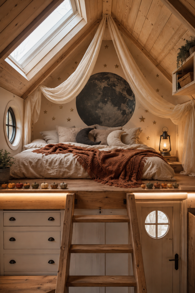 Cozy Halloween tiny-house loft bedroom