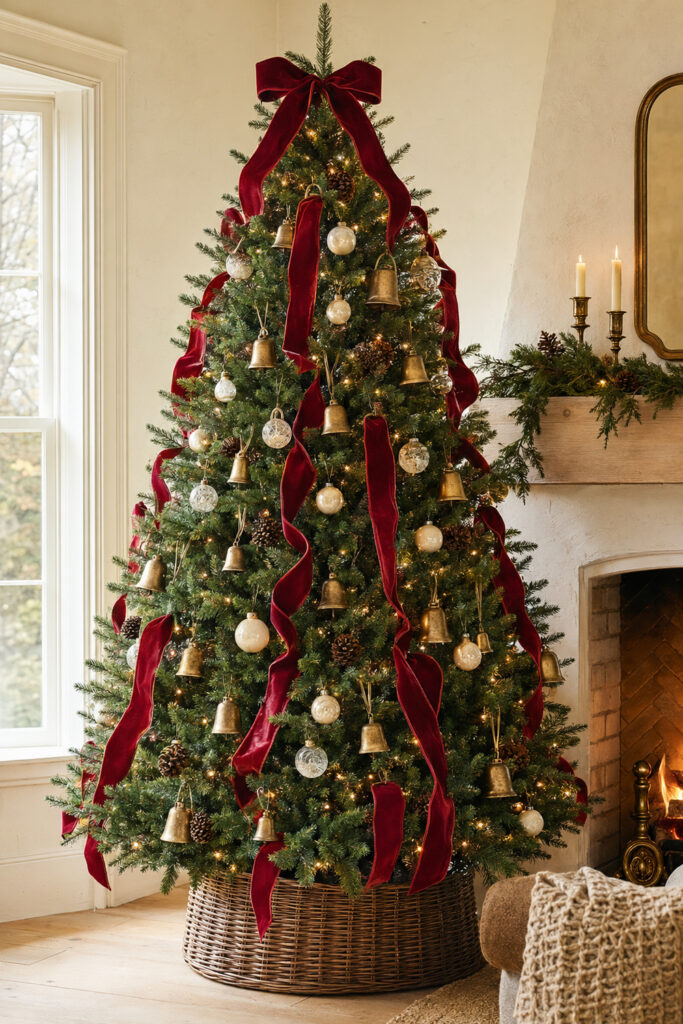 Cranberry Ribbon Christmas Tree with Brass Bells