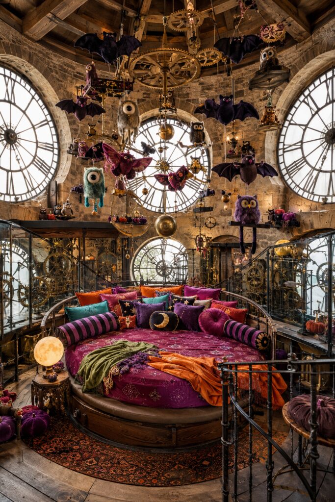 Creature-filled clock tower Halloween bedroom