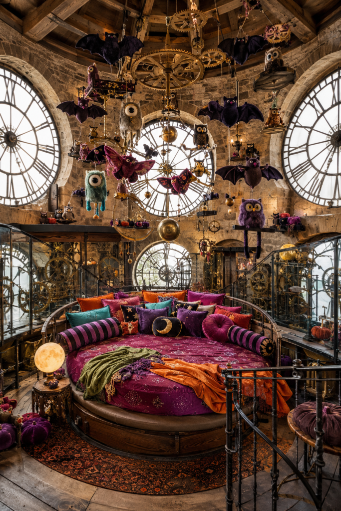 Creature-filled clock tower Halloween bedroom