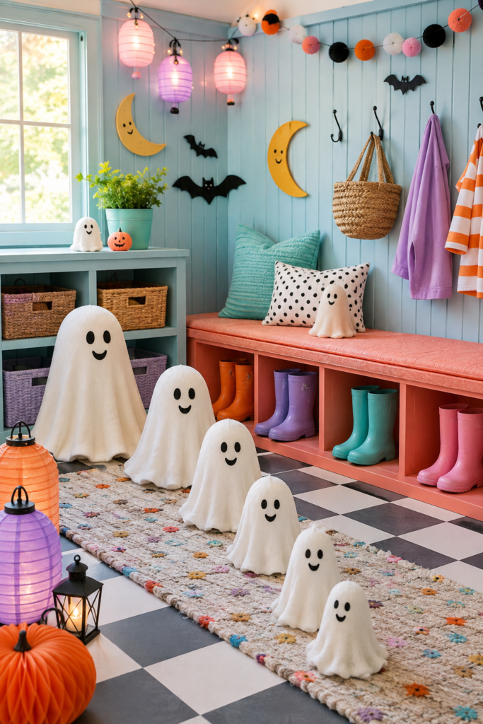 Colorful parade of ghosts in different sizes in a row on mudroom floor to look like a small Halloween parade in your home