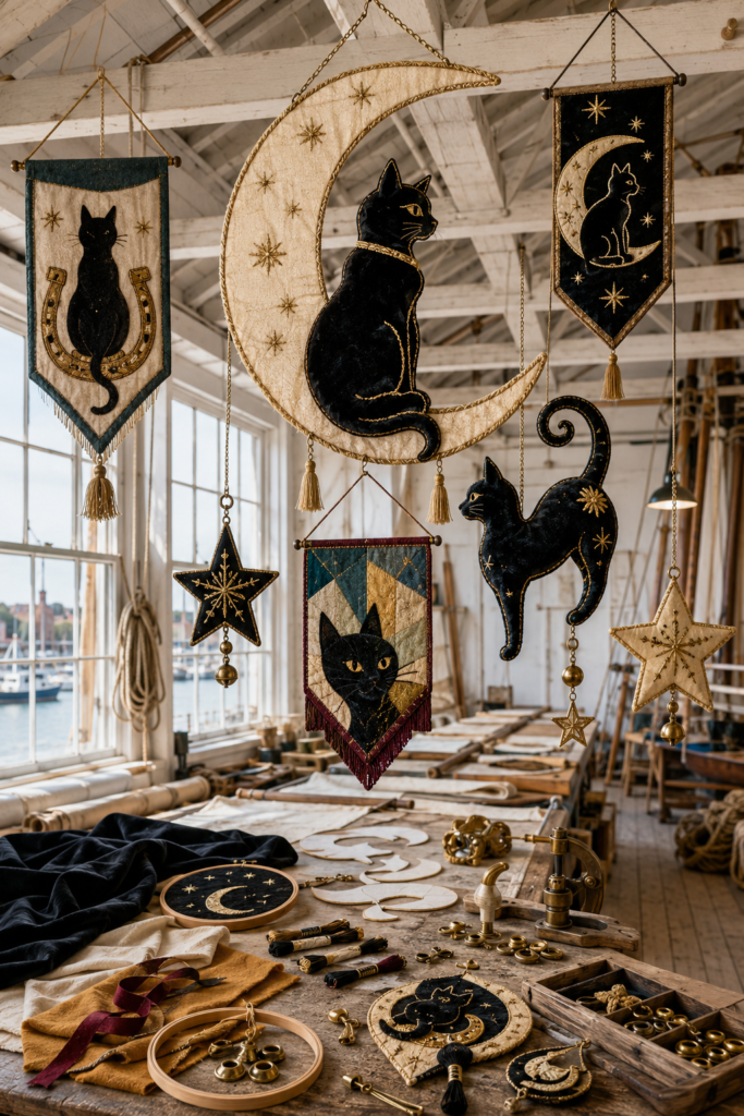 Handmade black cat and moon Halloween banners