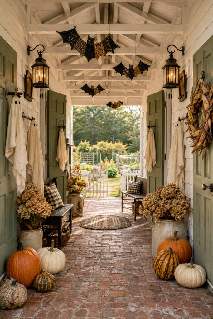Historic dogtrot farmhouse breezeway decorated for Halloween