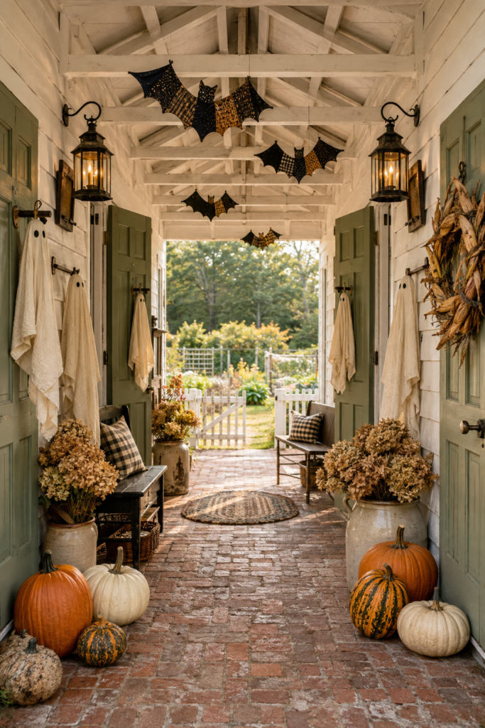 Historic dogtrot farmhouse breezeway decorated for Halloween 
