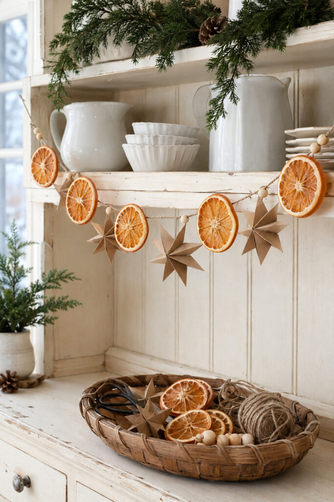 Dried Orange Star Garland on a Christmas Hutch
