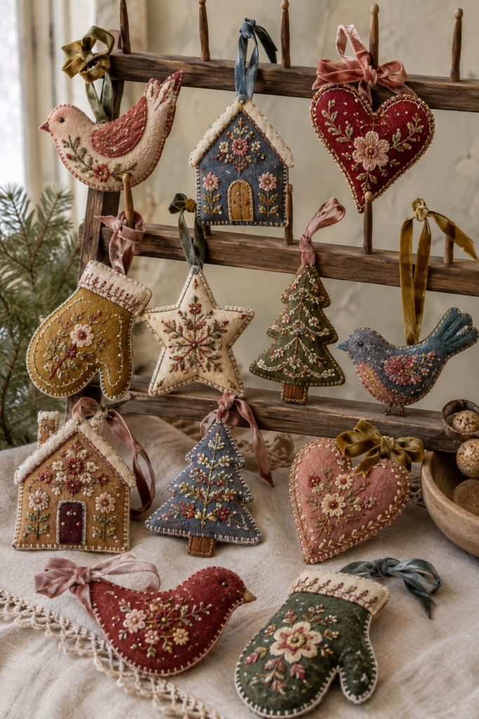 Embroidered Felt Christmas Ornaments showing hearts birds and houses and tree shapes