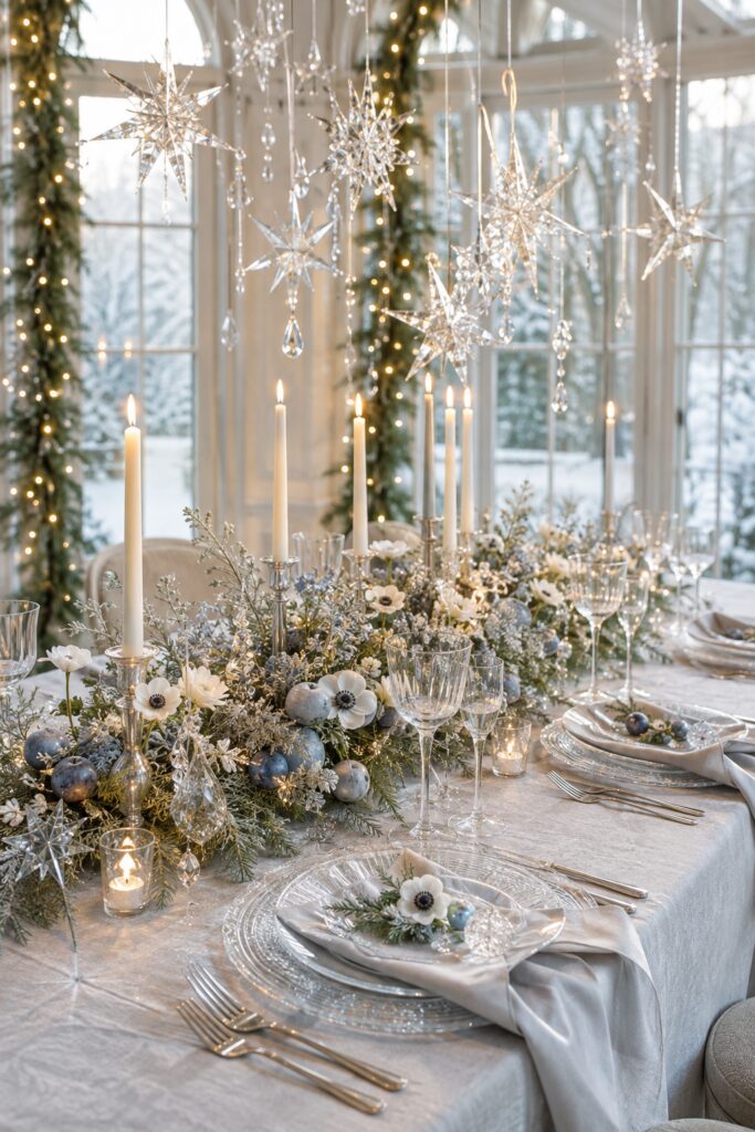 Ethereal winter table with suspended glass stars frosted greenery blue gray ornaments and silver candleholders