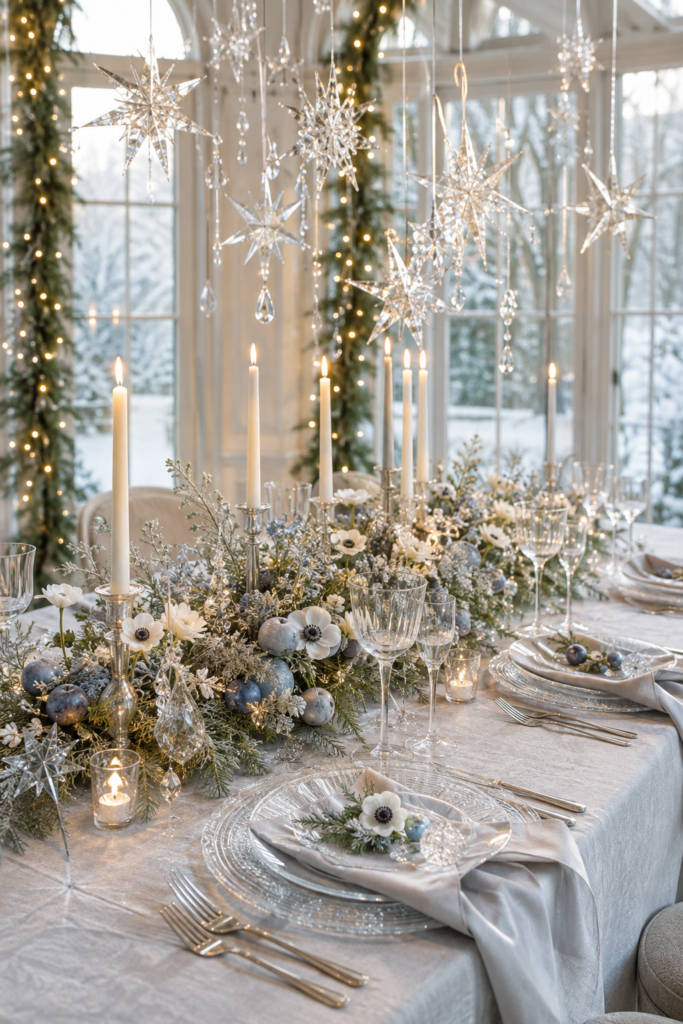 Ethereal winter table with suspended glass stars frosted greenery blue gray ornaments and silver candleholders