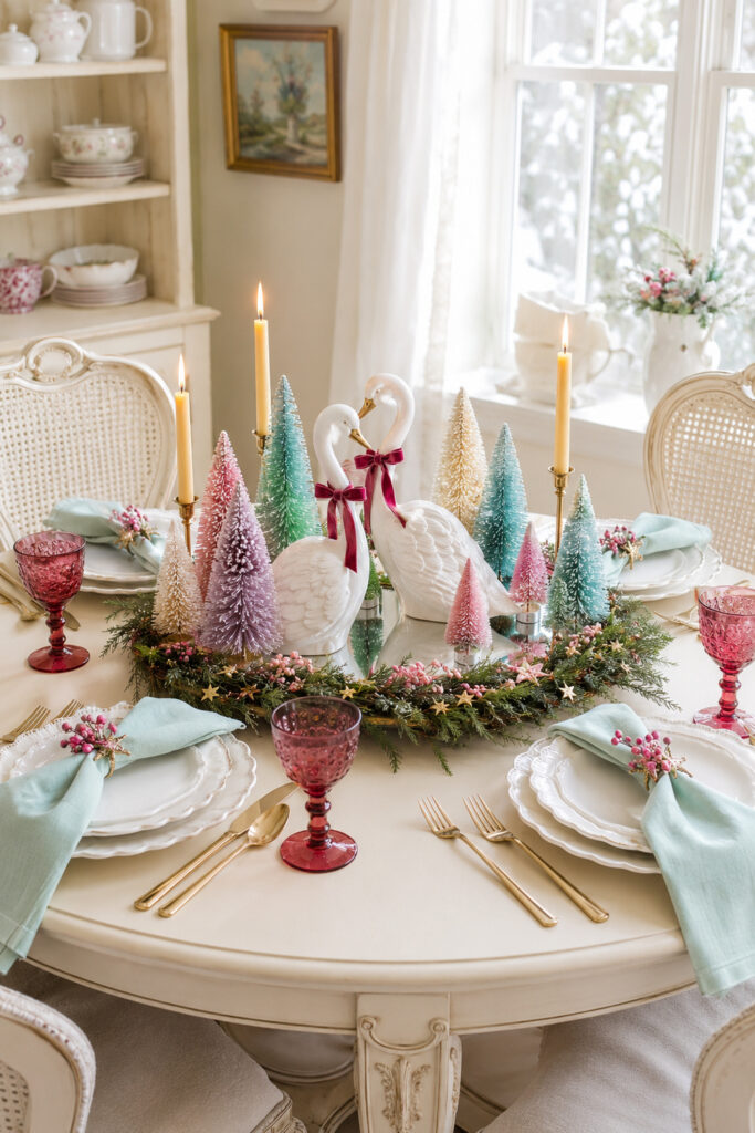 Fanciful Christmas Table with 2 Swans and Flocked Pastel Trees