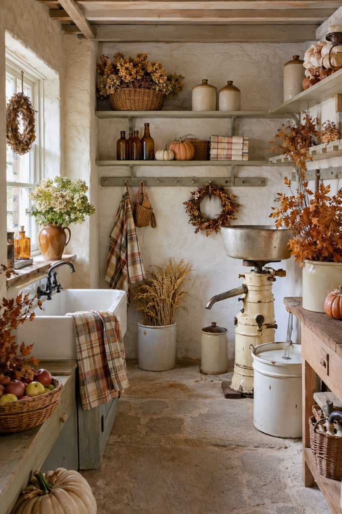 Old farmhouse dairy room styled for fall with apple baskets