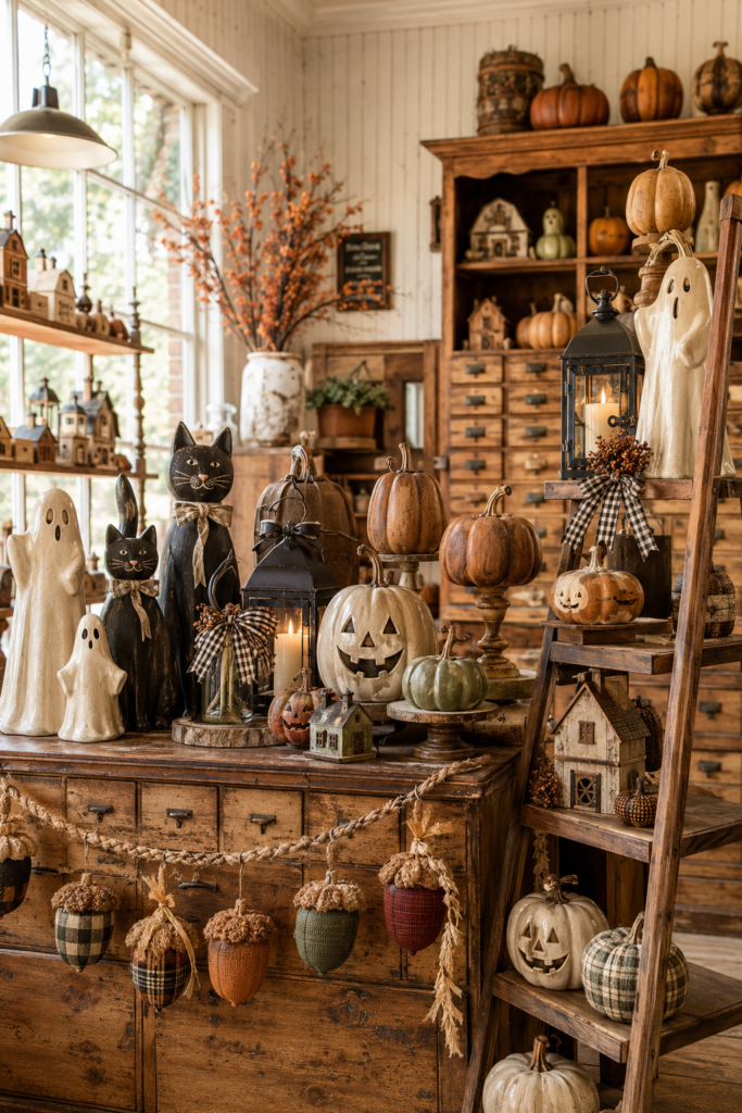 Vintage feed and seed store filled with farmhouse Halloween decor 