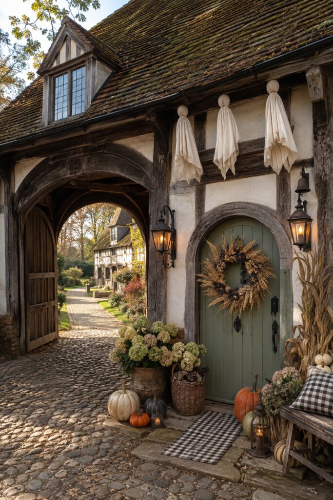 Historic timber-framed farmstead gatehouse decorated for Halloween with a sage wicket door