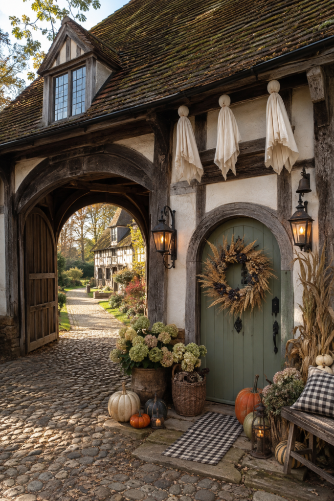 Historic timber-framed farmstead gatehouse decorated for Halloween with a sage wicket door
