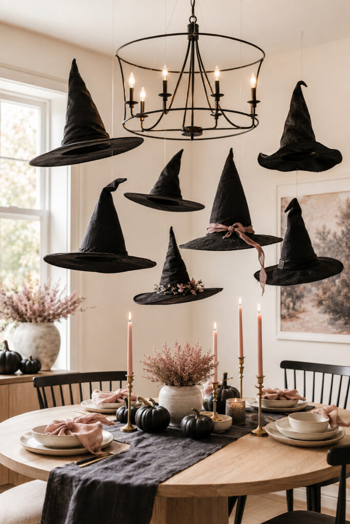 Floating Witch Hats Above a Blush Halloween Table