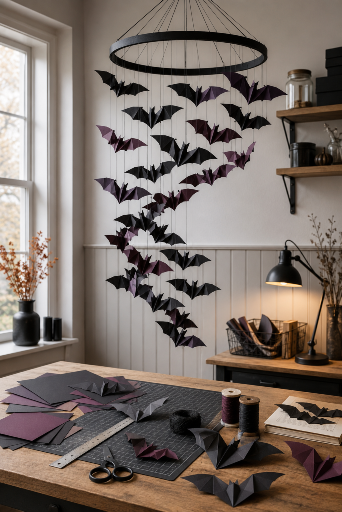 Folded paper bat chandelier DIY