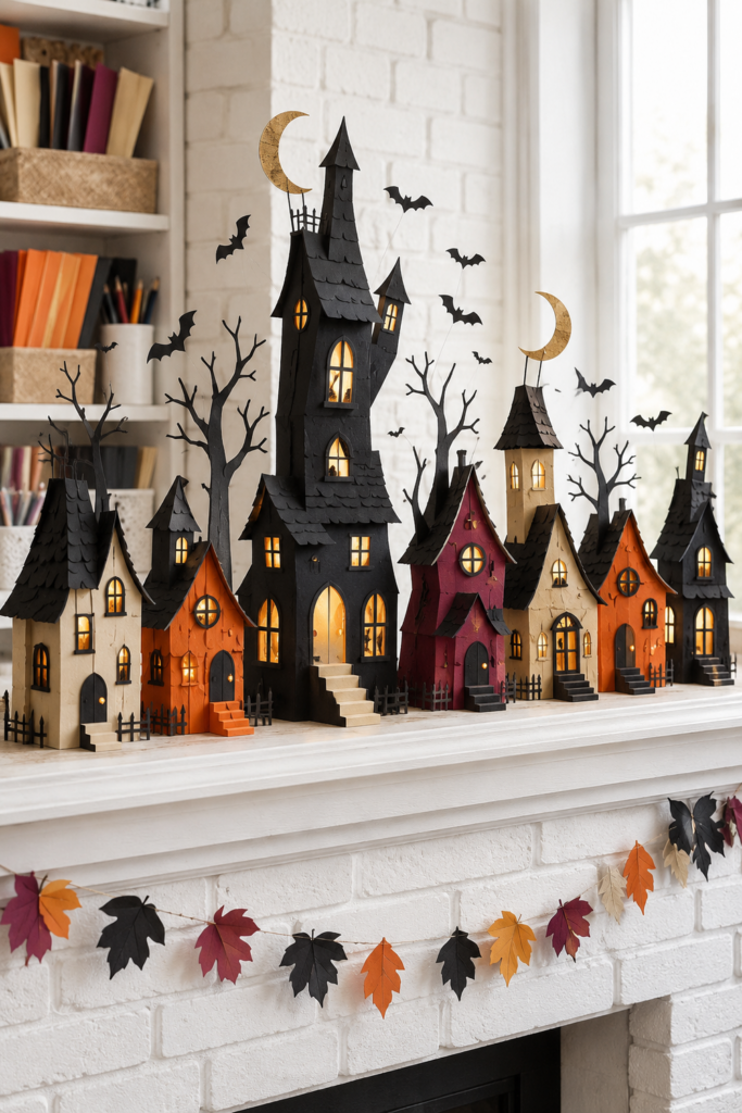 Folded Paper Haunted Village on Mantel