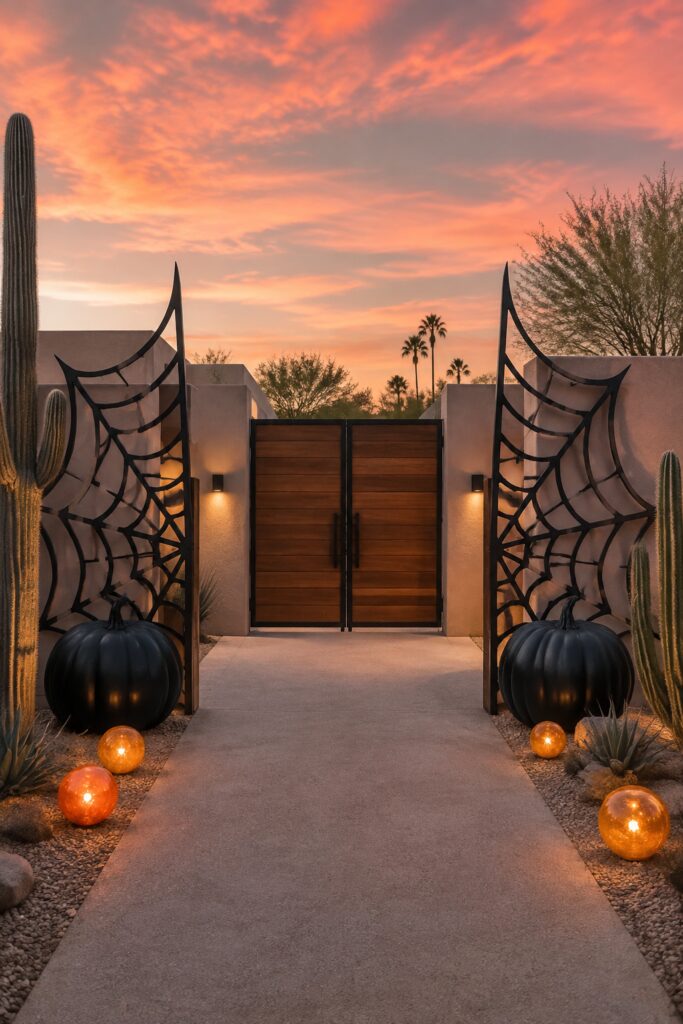 Geometric spiderweb courtyard gate Halloween decor