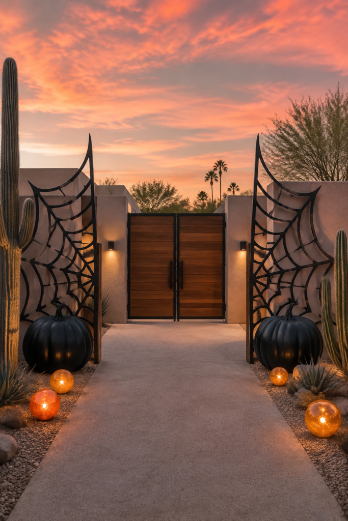 Geometric spiderweb courtyard gate Halloween decor