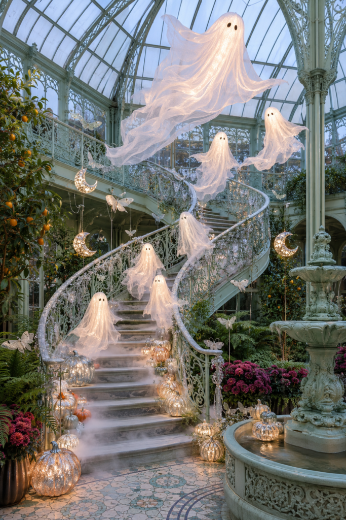 Glowing ghosts over conservatory staircase Halloween decor